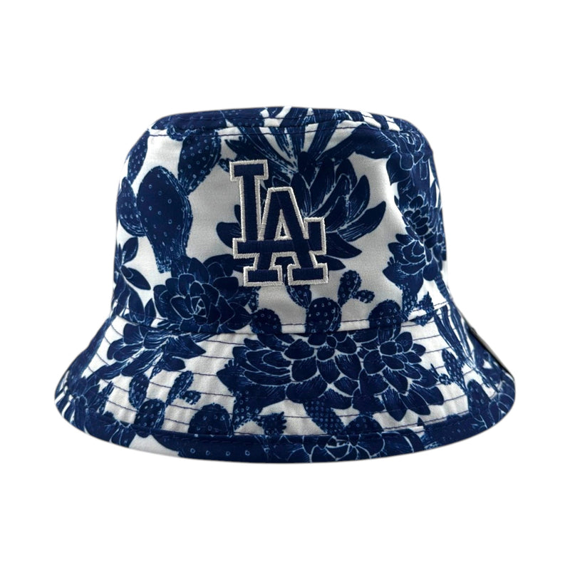 Load image into Gallery viewer, Blue and White Floral Pattern Dodgers bucket hat with the 'LA' logo embroidered in blue with a white border
