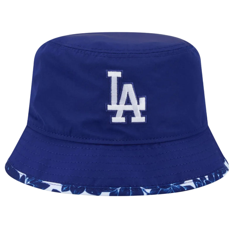 Load image into Gallery viewer, A royal blue Los Angeles Dodgers bucket hat with a white embroidered 'LA' logo on the front and a blue-and-white tropical leaf pattern lining the brim.
