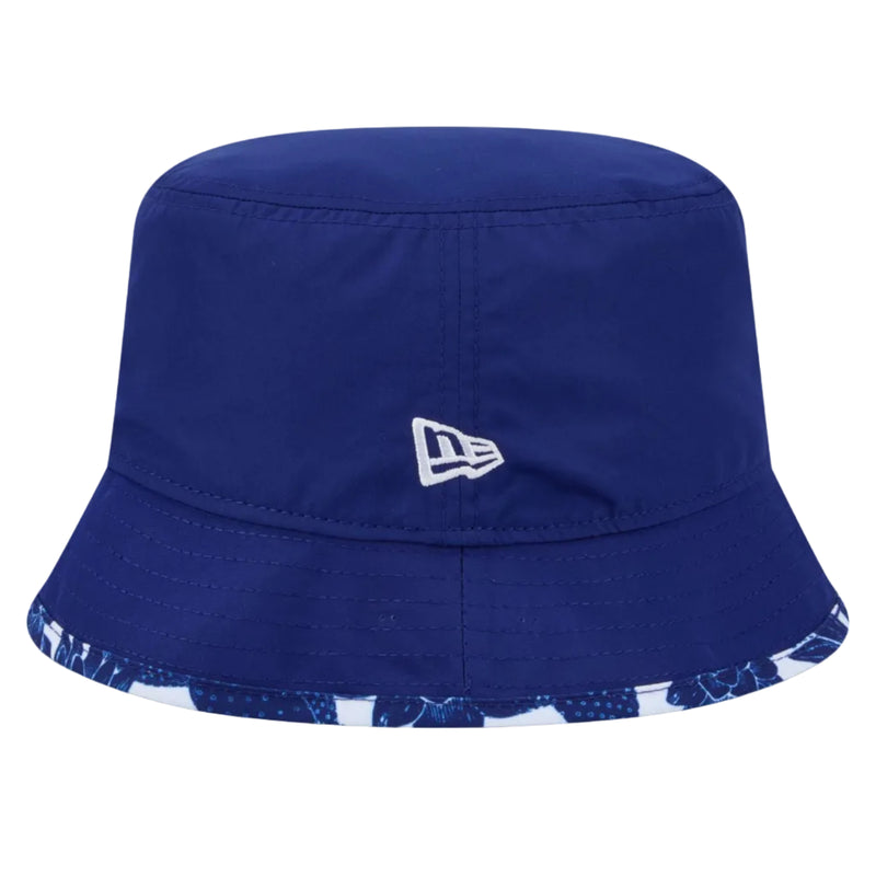 Load image into Gallery viewer, A royal blue New Era bucket hat with a white embroidered logo on the front and a blue and white patterned brim edge, shown against a plain white background.
