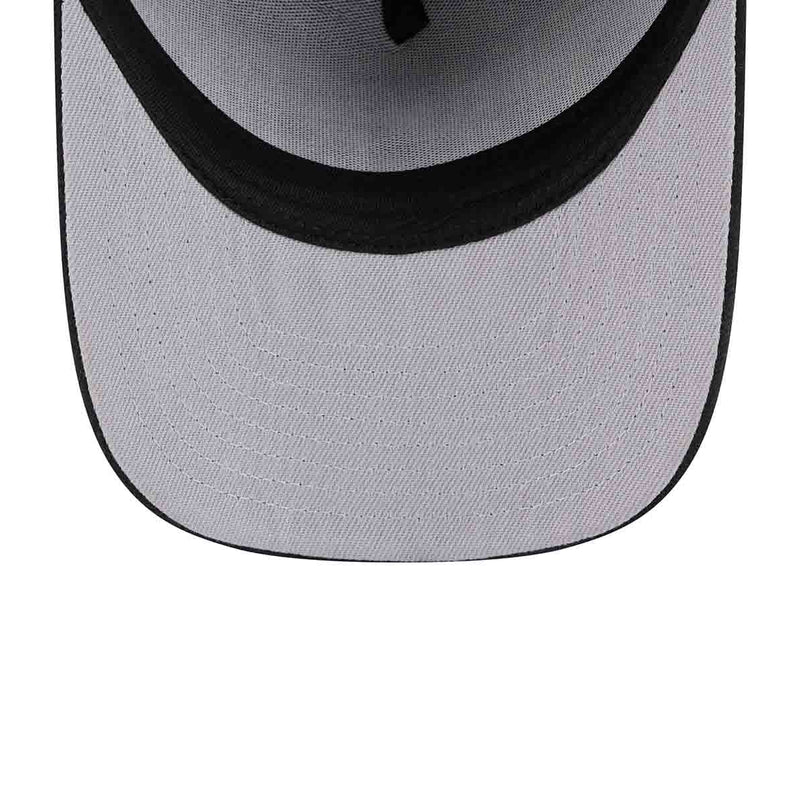 Load image into Gallery viewer, Close-up of the front of a baseball cap showing a light gray fabric crown with a black curved band and black trim along the brim edge, isolated on a white background.
