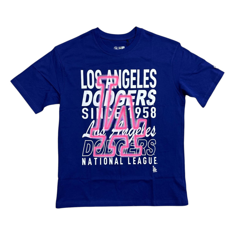 Load image into Gallery viewer, A royal blue short-sleeve t-shirt featuring a Los Angeles Dodgers graphic print on the front. The design includes white text reading 'LOS ANGELES DODGERS SINCE 1958', a large pink and white 'LA' logo, and 'NATIONAL LEAGUE' text at the bottom.
