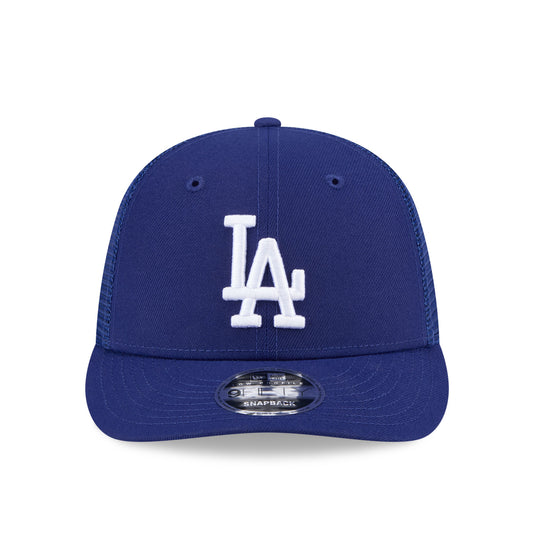 Blue baseball cap with white logo on a white background