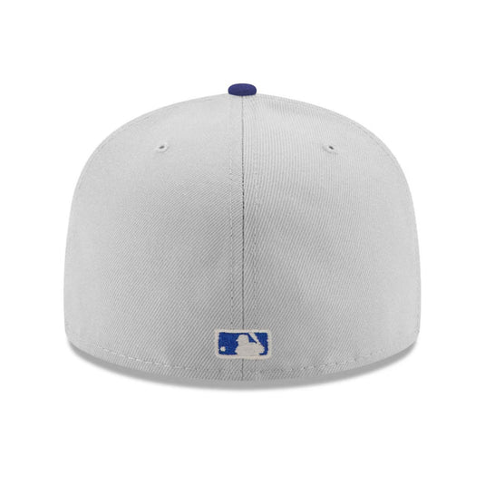 Gray baseball cap with a blue peak on a white background