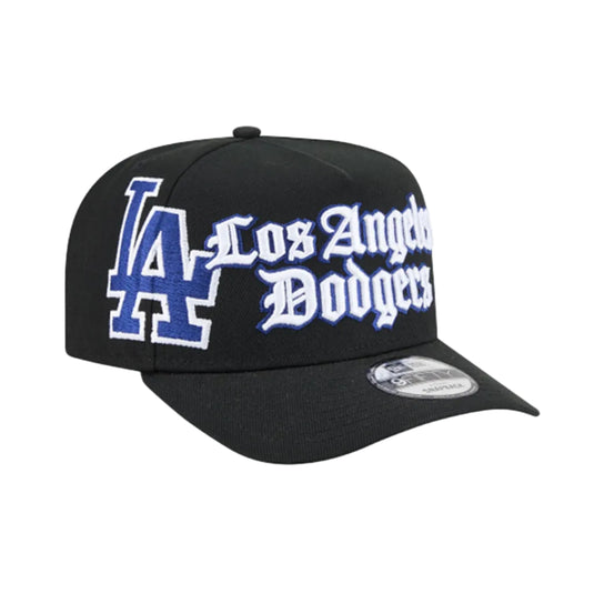 A black Los Angeles Dodgers baseball cap featuring a blue and white embroidered 'LA' logo and 'Los Angeles Dodgers' text on the front, with a silver New Era 9FIFTY sticker on the brim.