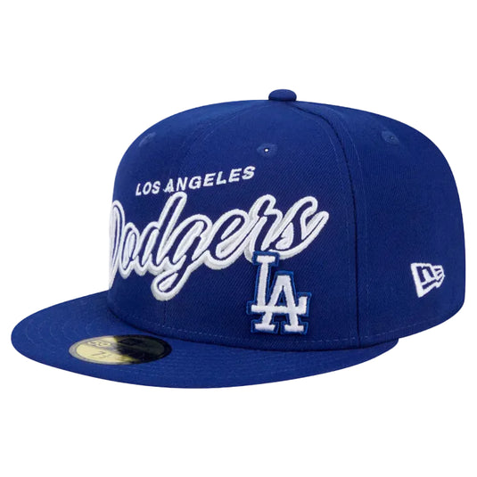 Blue Los Angeles Dodgers cap with white text and logo on a white background
