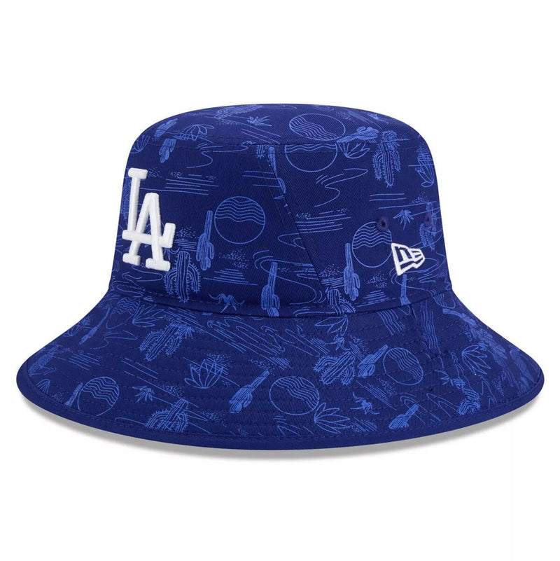 Load image into Gallery viewer, A blue Los Angeles Dodgers bucket hat with an allover desert-themed pattern, featuring a white 'LA' logo on the front and a white New Era flag on the side.
