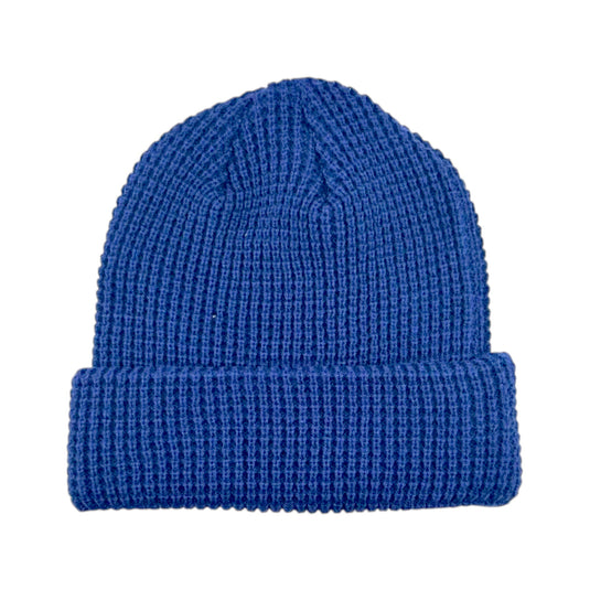 A royal blue ribbed knit beanie hat with a folded cuff, shown against a plain white background.