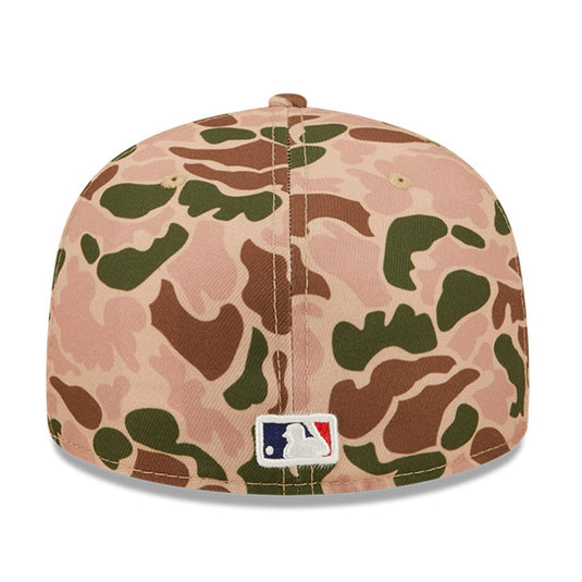Camouflage-patterned baseball cap with MLB logo on a white background