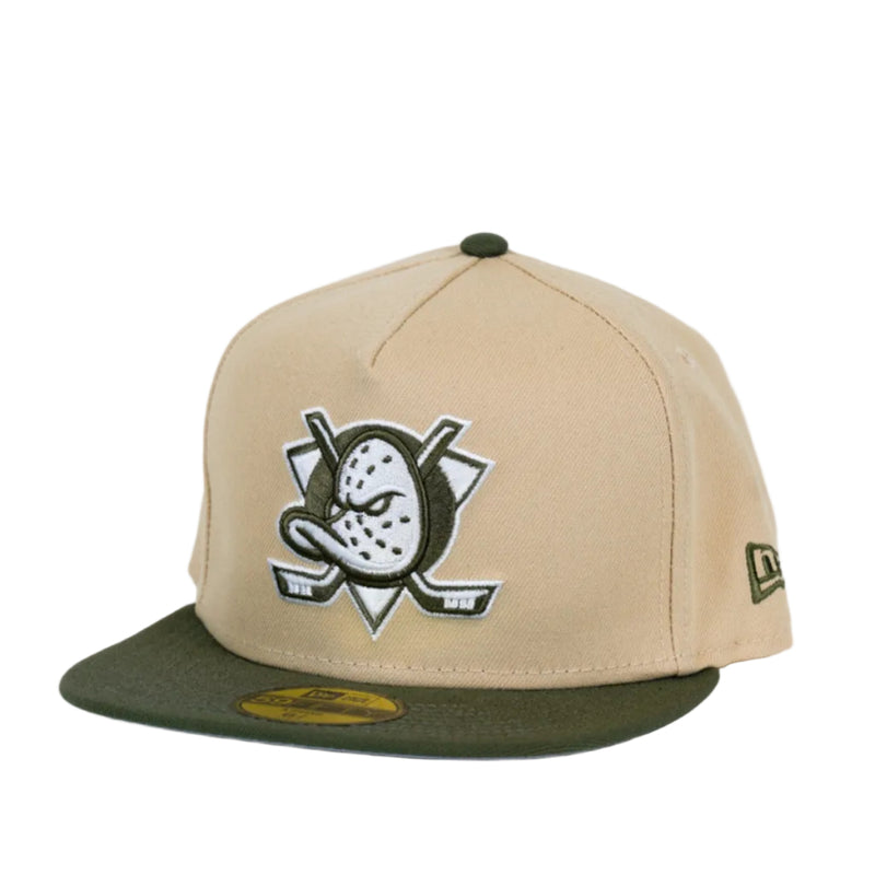 Load image into Gallery viewer, Beige and green cap with Ducks logo on a white background
