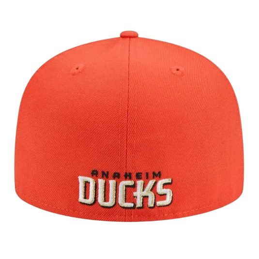 Shot of the back of a orange Ducks fitted cap with "Anaheim Ducks" embroidered on the back