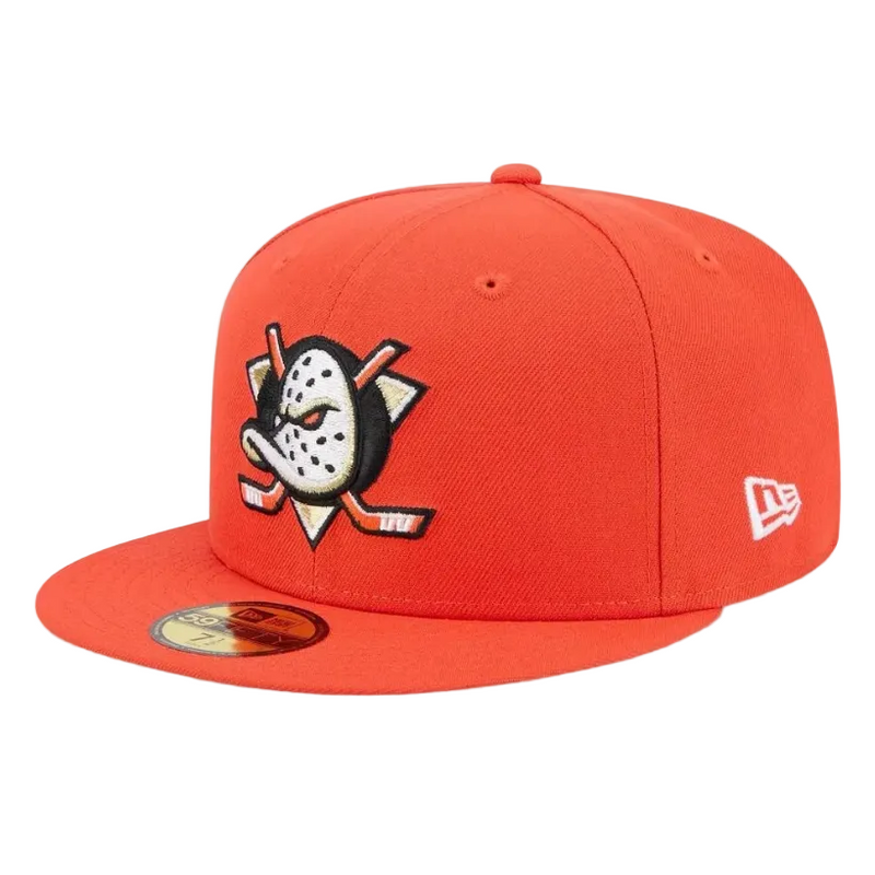 Load image into Gallery viewer, Bright Orange Anaheim Ducks hat with the Ducks logo embroidered on the front panel and New Era patch.
