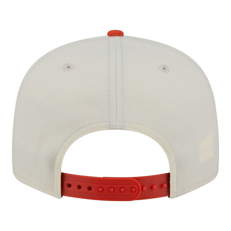 Load image into Gallery viewer, Back view of a white cap with a orange brim on a white background
