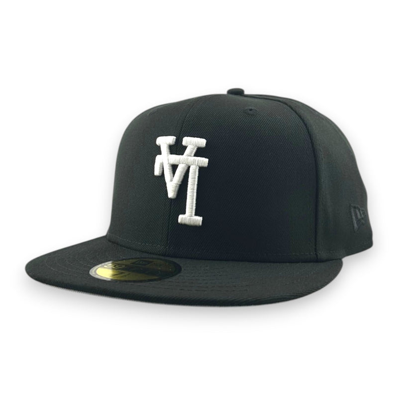 Load image into Gallery viewer, Black cap with a with upside down 'LA' logo on a white background. 
