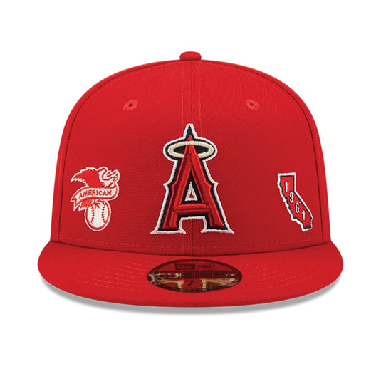 Red Angels cap with sports team logos on a white background
