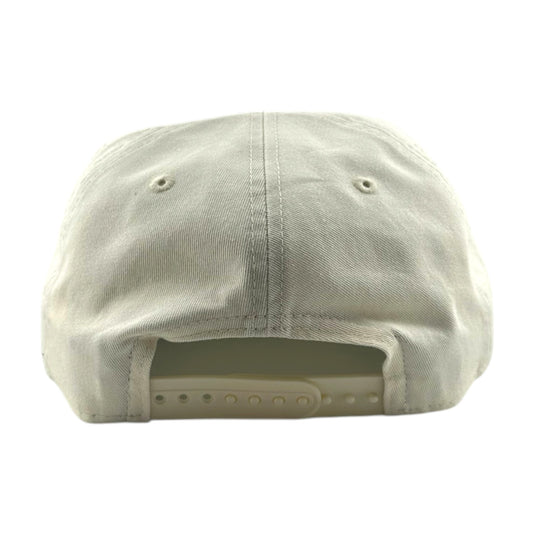 The back view of a light beige or off-white cotton baseball cap with a snapback closure, shown on a plain white background.