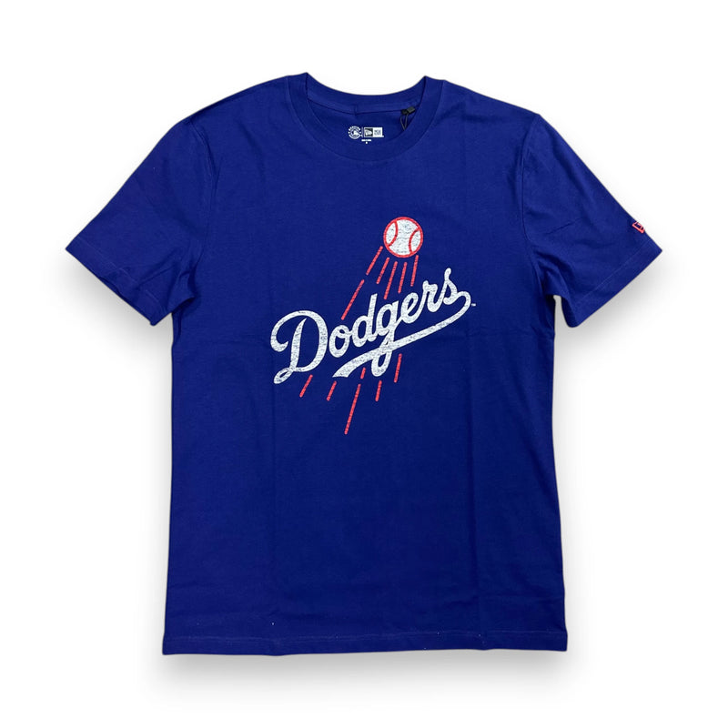 Load image into Gallery viewer, A royal blue short-sleeve t-shirt featuring a white and red Los Angeles Dodgers graphic on the front, displayed against a clean white background.
