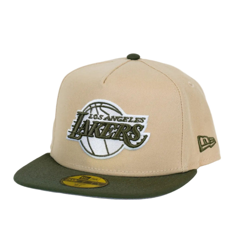 Load image into Gallery viewer, Beige and green Los Angeles Lakers cap on a light gray background
