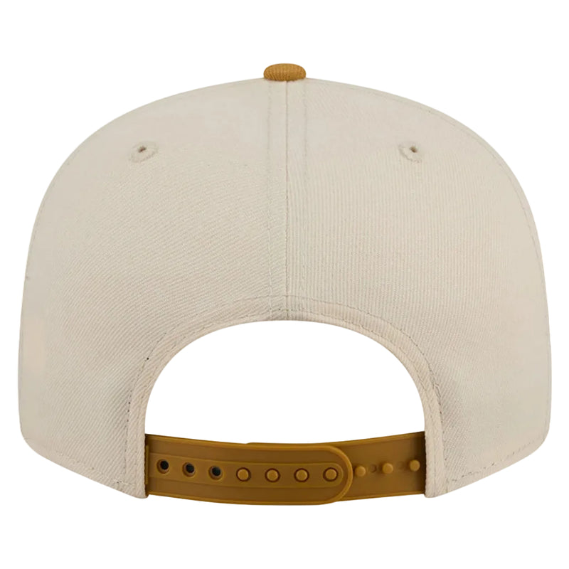 Load image into Gallery viewer, Back view of a structured baseball cap in off-white with a mustard yellow adjustable strap and matching top button.
