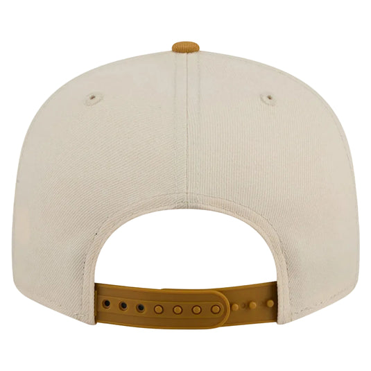Back view of a structured baseball cap in off-white with a mustard yellow adjustable strap and matching top button.