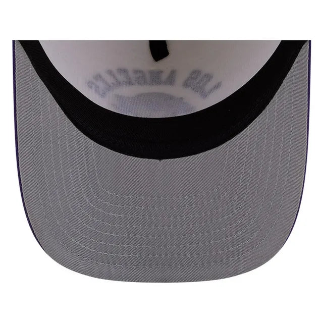 Load image into Gallery viewer, Close-up of the curved brim of a baseball cap, showing a gray fabric front with a black embroidered band and a white inner crown with gray text.

