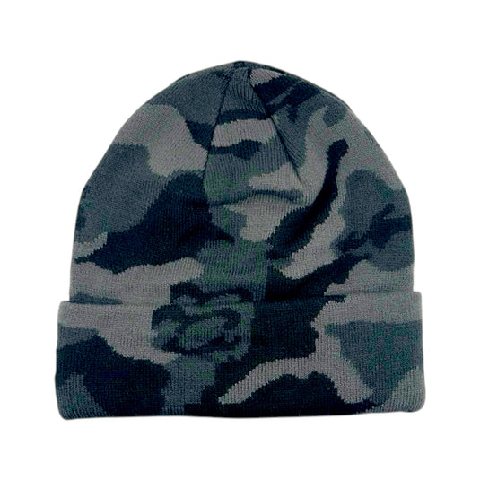 Back of a black camo cuffed beanie