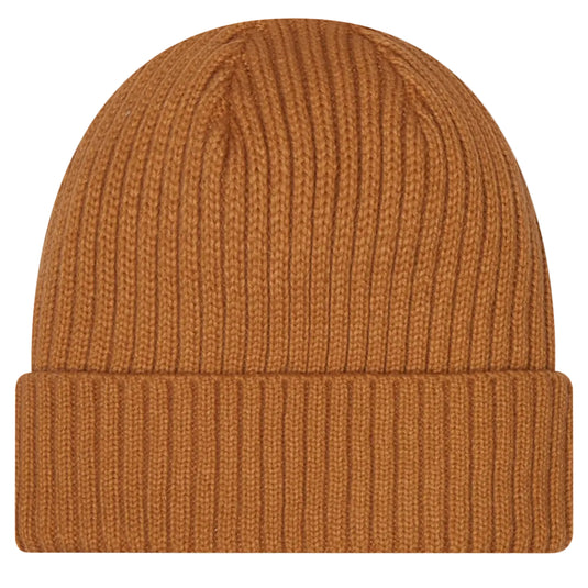 A ribbed knit beanie hat in a warm camel brown color, shown from a front-facing angle against a plain white background.