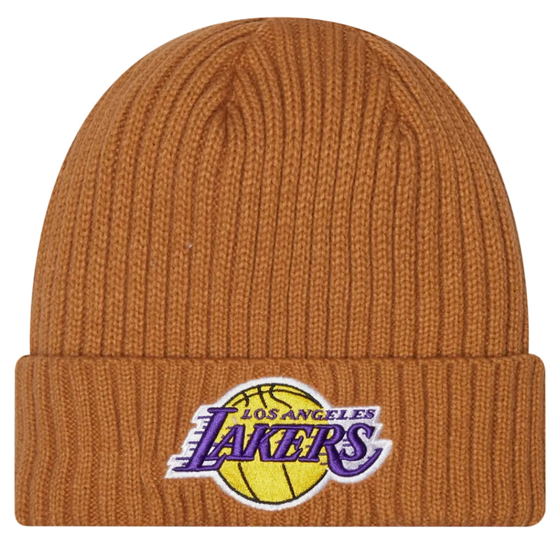 Load image into Gallery viewer, A ribbed knit beanie hat in a warm rust or burnt orange color, featuring the embroidered Los Angeles Lakers logo on the front cuff.

