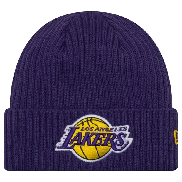 Load image into Gallery viewer, A dark purple ribbed knit beanie hat featuring the embroidered Los Angeles Lakers logo on the front cuff, with a small yellow New Era flag on the side.
