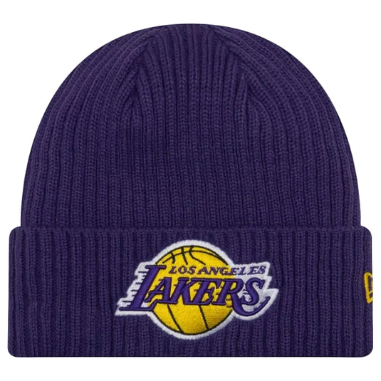 A dark purple ribbed knit beanie hat featuring the embroidered Los Angeles Lakers logo on the front cuff, with a small yellow New Era flag on the side.