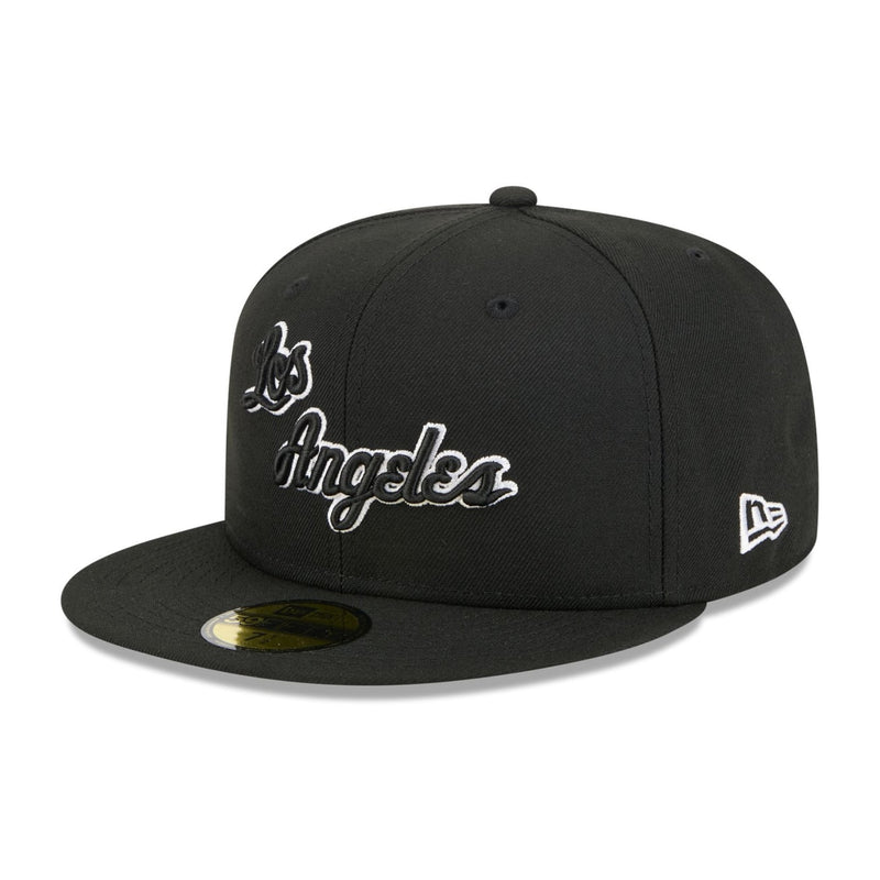 Load image into Gallery viewer, Black baseball cap with 'Los Angeles' text on a white background
