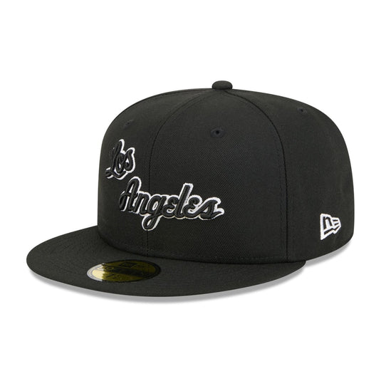 Black baseball cap with 'Los Angeles' text on a white background