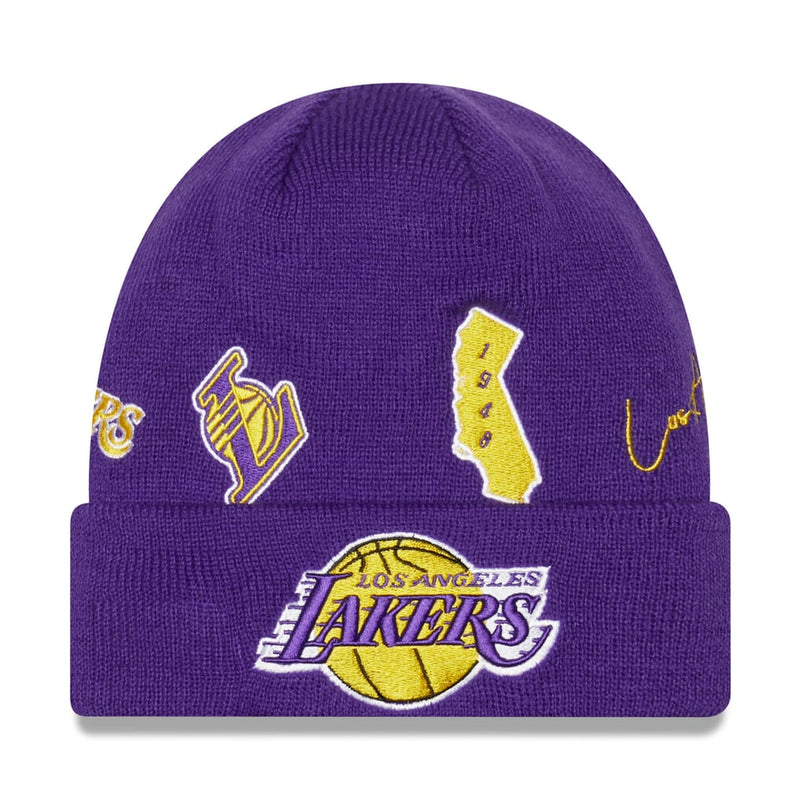 Load image into Gallery viewer, Purple Lakers cuffed knit beanie with various Lakers patches embroidered across the crown and cuff.
