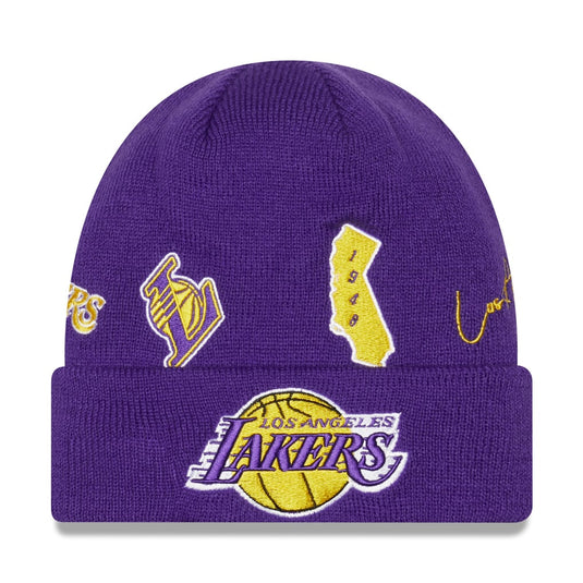 Purple Lakers cuffed knit beanie with various Lakers patches embroidered across the crown and cuff.