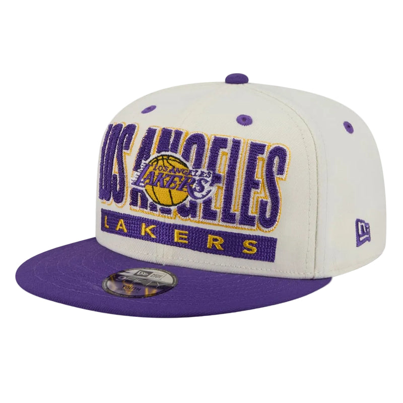 Load image into Gallery viewer, Chalk white Lakers snapback with a purple visor and purple raised "Loa Angeles Lakers" embroidery on the front panel
