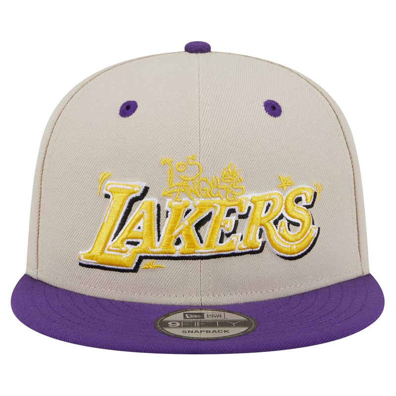 Load image into Gallery viewer, A Los Angeles Lakers New Era 9FIFTY fitted baseball cap featuring a light beige crown with purple eyelets and a purple button, and a purple flat brim. The front is embroidered with the Lakers logo in yellow, purple, and black.
