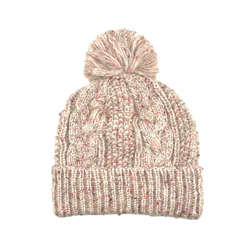 Load image into Gallery viewer, A cable-knit beanie hat with a ribbed cuff and a fluffy pom-pom on top, made from a heathered yarn in cream, beige, and soft pink tones, shown against a plain white background.
