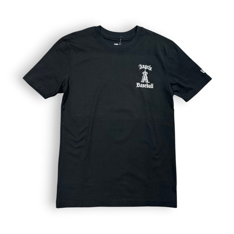 Load image into Gallery viewer, Flat lay of a black 'Angels Baseball' shirt on a white background. 
