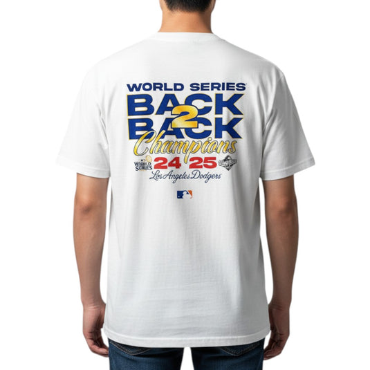 Person wearing a white 'World Series Back-2-Back' shirt with a back graphic on a white background.