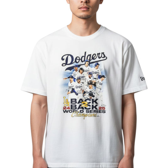 Person wearing a white 'Dodgers Back-2-Back' shirt with a front graphic on a white background.