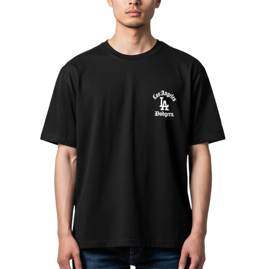 Person wearing a black 'Los Angeles Dodgers' shirt on a white background.