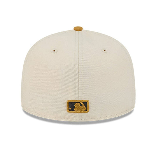Beige baseball cap with a logo on a white background