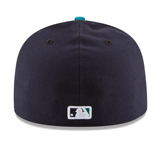 Navy blue baseball cap with a logo on the back against a white background