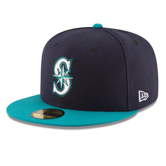 Navy and teal Mariners cap with logo on a white background