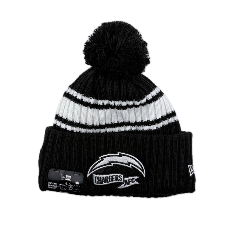 Load image into Gallery viewer, New Era NFL AFC Chargers 2022 Sideline CW black and white knit beanie with black pom-pom and team logo on the cuff.  

