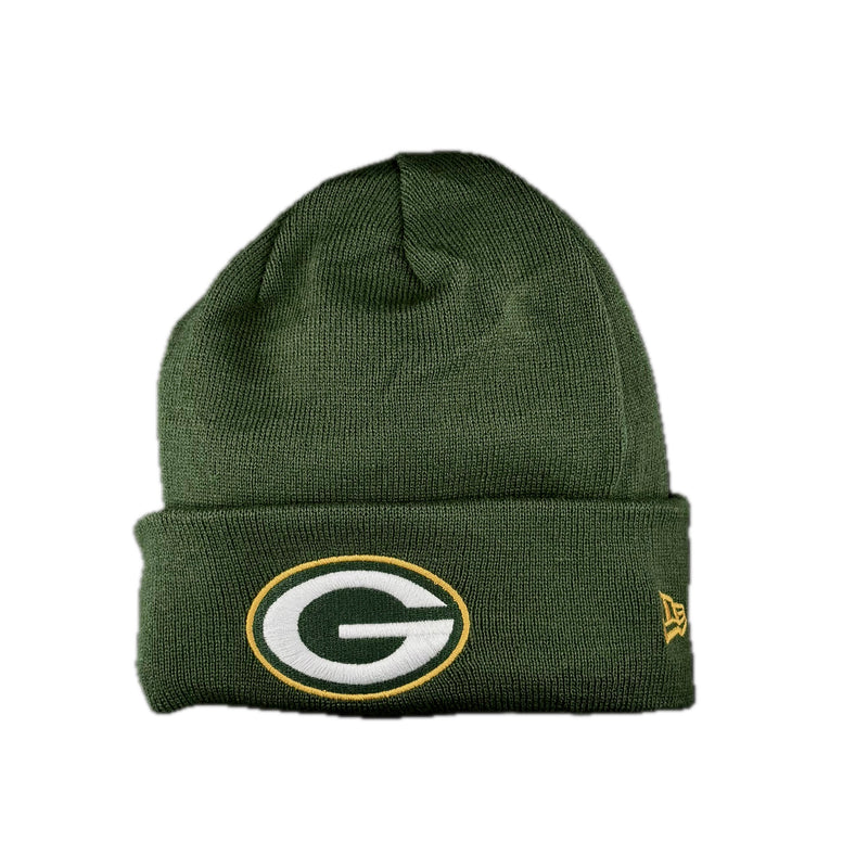Load image into Gallery viewer, Green knit beanie with Green Bay Packers logo on the reverse flipped (inside) of the beanie. 

