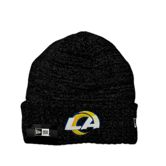 Black knit beanie with reflective silver threads.  LA Rams logo on the cuff. 