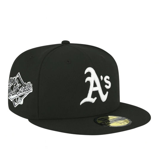 Black A's cap with white patch on a white background
