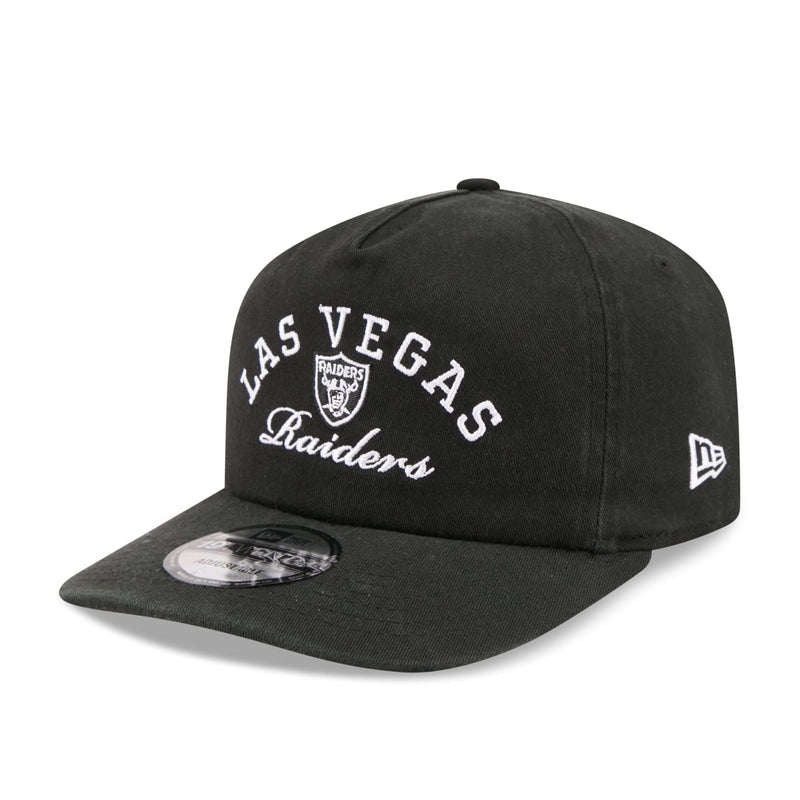 Load image into Gallery viewer, A black Las Vegas Raiders snapback cap by New Era, featuring white embroidered text and the Raiders shield logo on the front, with a white New Era logo on the side, set against a plain white background.
