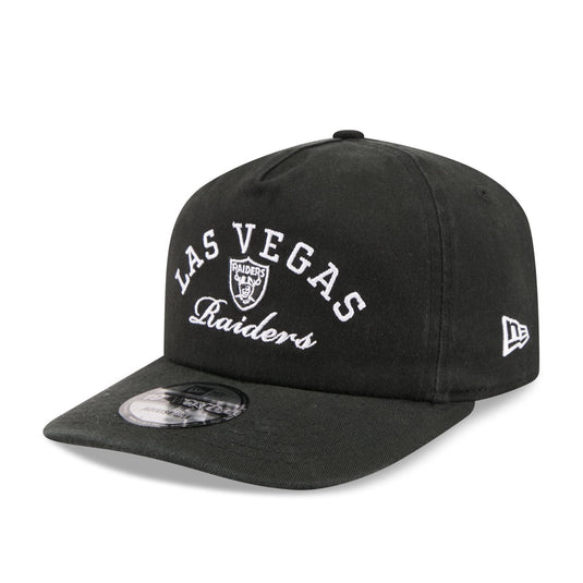 A black Las Vegas Raiders snapback cap by New Era, featuring white embroidered text and the Raiders shield logo on the front, with a white New Era logo on the side, set against a plain white background.