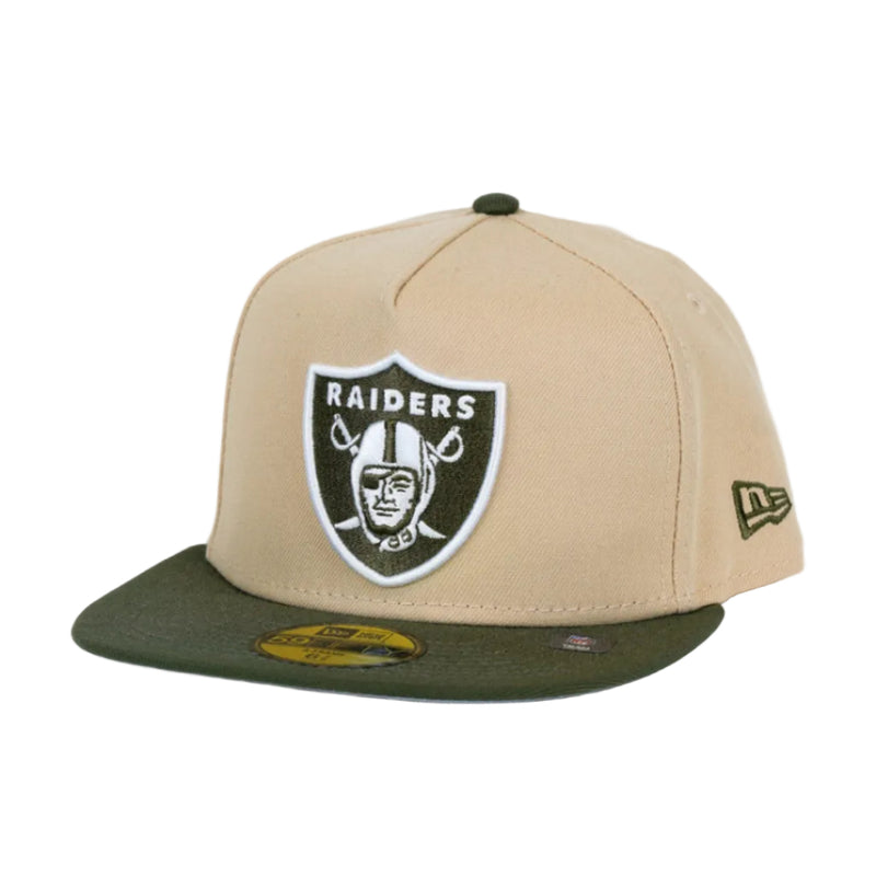 Load image into Gallery viewer, Beige and green cap with Raiders logo on a light gray background
